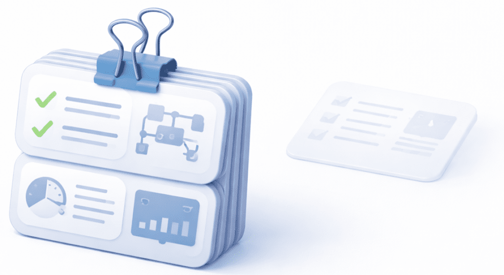 Gebündelte Testartefakte als Evidenzpaket, daneben ein einzelner Testfall – Symbol für Nachweisführung im KI-Testing.